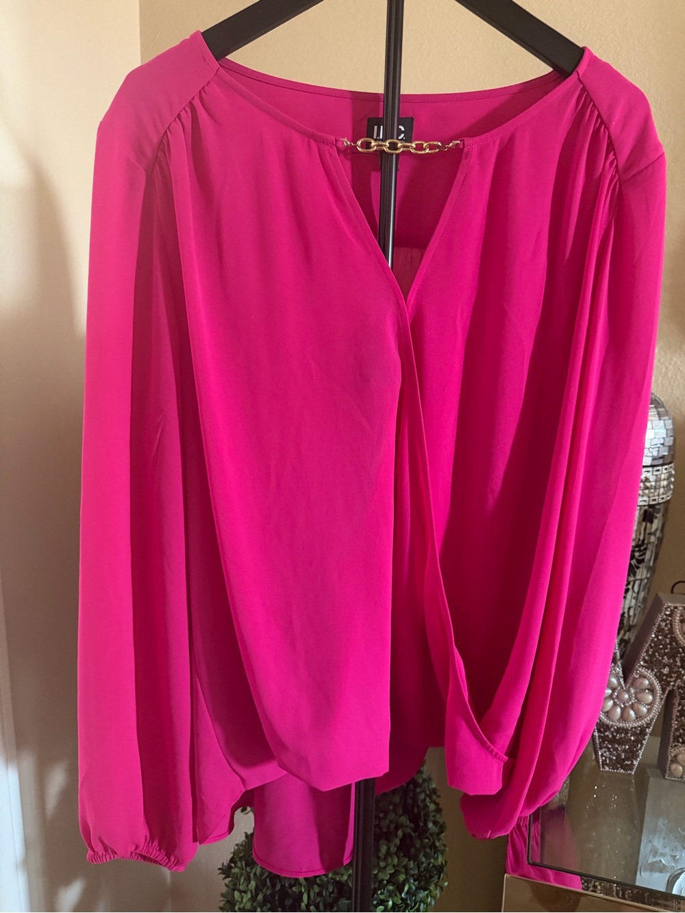 INC International Concepts Fuchsia Blouse with Gold Chain Detail